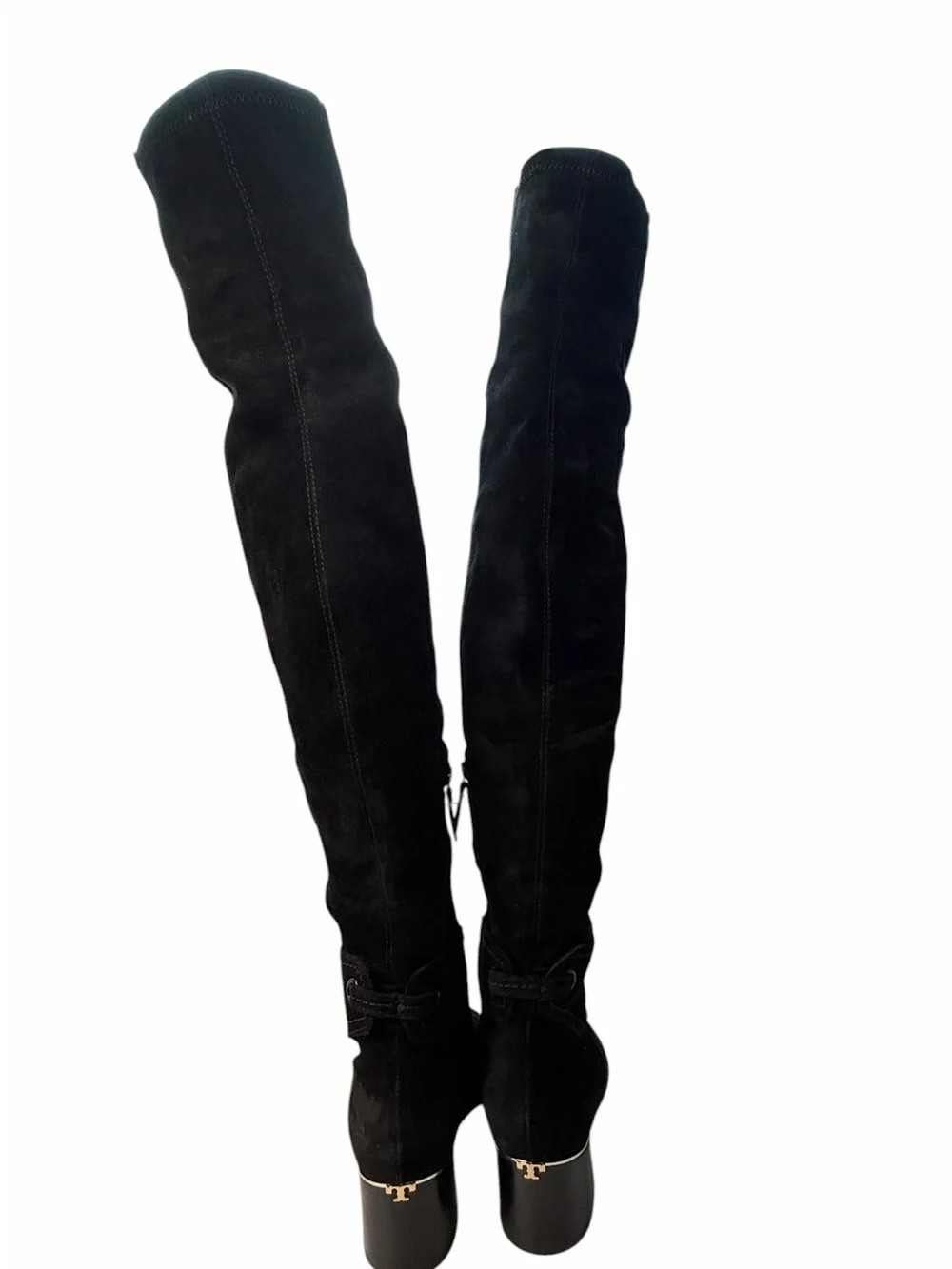 Tory Burch Black Suede leather Over The Knee Boots Gold Logo Block Heel 7.5
